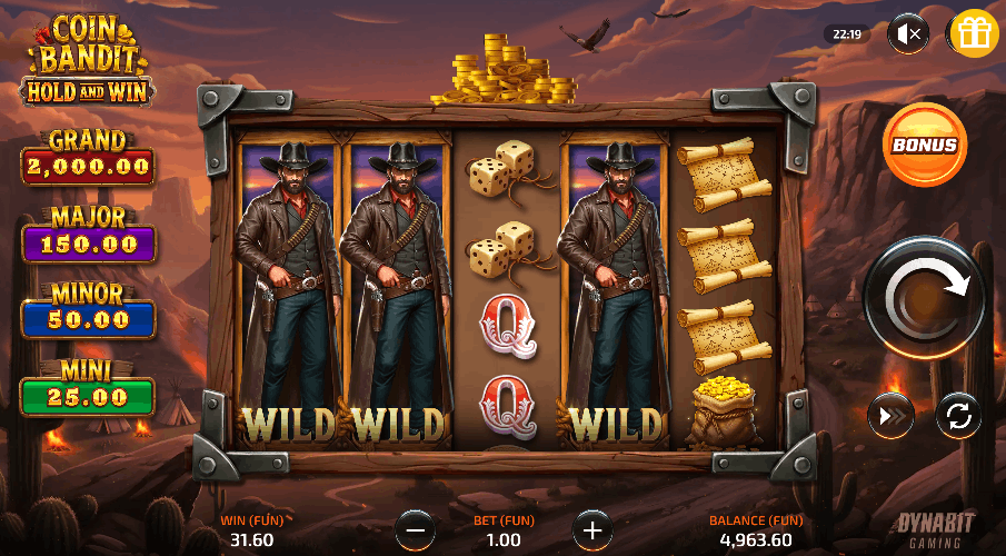 Coin Bandit Dynabit Gaming &mdash; cluster Hold&Win western con RTP 96,00% en Chipy